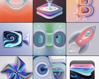 Op de afbeelding: Een verzameling van negen abstracte, kleurrijke en glanzende iconen. De iconen omvatten een boodschappentas, een joystick, een Bitcoin-symbool, een videocamera, een gestileerd gezicht, een raket, een windmolen, een werveling met Chinese karakters en een vierkant met gelaagde kleuren.