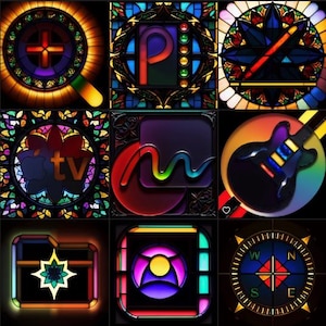 May include: Nine stained glass designs with various icons and symbols. The designs include a cross, the letter "P", a guitar, a compass, and other abstract shapes. Each design is framed with ornate black borders and vibrant colors.