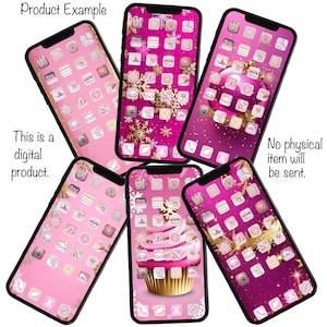 May include: A collection of pink smartphone screens displaying various app icons and decorative backgrounds. The screens feature themes like snowflakes, ornaments, and a cupcake. Text on the image states "Product Example" and "This is a digital product."