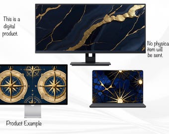 Antique Gold Navy Blue Desktop Wallpapers | 15 Wallpapers (Digital Download)