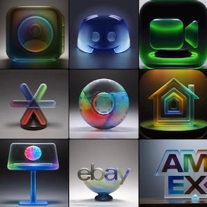 Op de afbeelding: Een verzameling van negen verlichte glazen sculpturen, elk met een ander logo. De logo's vertegenwoordigen sociale media en e-commerce platforms, zoals Instagram, Discord en eBay. De sculpturen zijn in verschillende kleuren, waaronder blauw, groen en regenboogtinten.