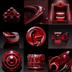 以下が含まれることがあります： 9つの赤い宝石のデザインのコラージュ。デザインには、三角形の配置、宝石が付いた曲線、2本の線が入った長方形、涙の形、漫画のキャラクターが付いた円形デザイン、正方形の宝石、同心円の円形デザイン、「five below」というテキストが入ったリング、ロケットが付いたリングが含まれます。