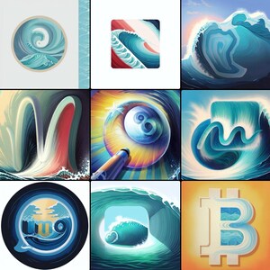 May include: Nine digital artworks showcasing stylized ocean waves. The images use blues, greens, and white, with some including red and yellow. The artworks vary in shape and composition, including circles, squares, and abstract forms. The overall theme is the ocean and its movement.