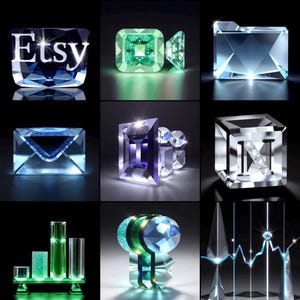 May include: A collection of nine crystal-like objects, each with a unique design. The objects include an Etsy logo, a video camera, a file folder, an envelope, a ring, the letter "N", a set of vases, a decorative sculpture, and a stylized graphic.