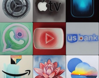Op de afbeelding: Een verzameling van negen vierkante schilderijen met verschillende app- en merknamen. De afbeeldingen bevatten een tandwiel, Apple TV, een gloeiend blauw app-pictogram, WhatsApp, YouTube, US Bank, Amazon, een lotusbloem met cijfers en een wolk met zonsondergang.