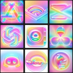 May include: Nine iridescent app icons in a grid. The icons feature the Apple logo, a rainbow over a square, a crossed lines design, a Chat GPT logo, a contact book, a rainbow design, a Discord logo, a Disney+ logo, and a cartoon penguin.