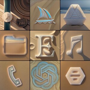 May include: A collection of nine artistic renderings, each depicting a unique icon or symbol. The images feature a variety of designs, including a sailboat, a musical note, and a road sign with the number 280. The color palette is primarily neutral, with beige and light blue accents.