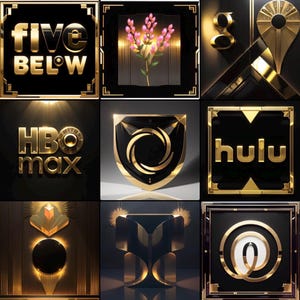 May include: A collage of nine images with a black and gold art deco theme. The images feature logos and abstract designs, including the "Five Below" logo, a floral arrangement, the Google logo, the HBO Max logo, a shield design, the Hulu logo, and other geometric shapes.