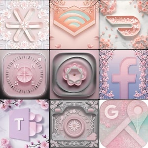 Puede incluir: Una colección de nueve iconos de aplicaciones rosas y grises con diseños florales y geométricos. Los iconos incluyen una brújula, una flor, una cámara y logotipos de redes sociales, todo sobre un fondo floral.