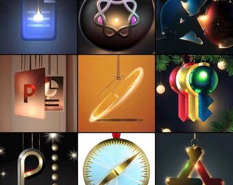 Op de afbeelding: Een verzameling kerstversieringen. De ornamenten omvatten een documentpictogram met een gloeilamp, een zwarte bol met een geometrisch ontwerp en een sleutelvormig ornament. Andere ornamenten zijn een kompas en de letter "A".