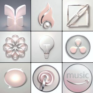 May include: Nine abstract, 3D-rendered icons in a soft, pastel colour palette. The icons include a butterfly, a flame, a pen, a flower, a lightbulb, a ripple design, a speech bubble, a swirl, and a music symbol.