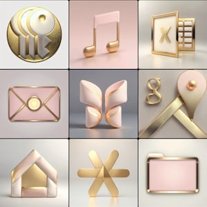 Peut inclure: Ensemble d'icônes 3D aux couleurs or, blanc et rose. Les icônes comprennent une clé, une note de musique, une feuille de calcul, une enveloppe, un papillon, le logo Google, une épingle de localisation, une maison, un astérisque et un dossier.