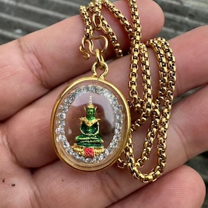 Gold Plated Emerald Buddha Necklace: Thai Amulet, Wealth & Protection