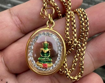 Phra Kaew Morakot Necklace Thai Buddha Amulet Gold Plated Emerald Buddha Pendant Sacred Talisman Wealth Protection Charm lucky rich 18 inch