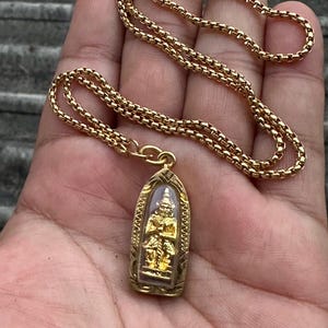 Phra Thao Wessuwan Amulet Necklace Giant Guardian Thai Buddha Gold Plated Pendant Sacred Talisman Wealth Fortune Protection Charm 18 inch