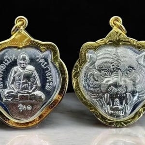 Tiger Amulet LP Pern Thai Buddhist Talisman Tiger Face Power Protection Luang Phor Pern Wat Bang Phra Medal Pendant Blessed Monk Coin Gift