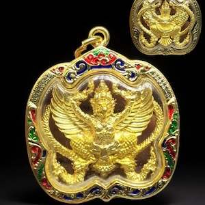 Thai Garuda Amulet Pendant Phra Phaya Krut LP Seng Blessed Buddhist Sacred Talisman with Prayer Chant Protection & Authority Rich Wealth