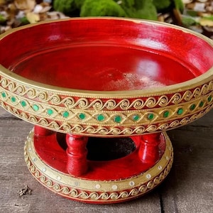 Thai Khantoke Tray  Handcrafted Wooden Pedestal Bowl Wood Traditional Thai Decor Buddhist Offering Plate Cultural Home Centerpiece 12 Inch