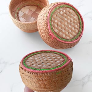 Thai Kratip Sticky Rice Bamboo Traditional Basket Handmade Natural Woven Box Heat Retaining Storage Kitchen Glutinous Food Container 6 inch