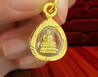 Luang Pu Thuat Amulett Gold Anhänger Thai Buddha Schutz Talisman & Glücksbringer
