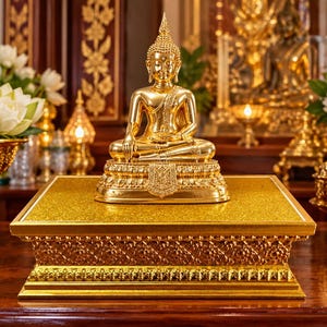 Könnte beinhalten: Eine polierte goldfarbene Buddha-Statue in sitzender Meditationshaltung, platziert auf einem rechteckigen goldfarbenen Sockel mit komplizierten Prägungen entlang der Basis und einer strukturierten Oberfläche, die das Licht in einem Innenraum reflektiert.