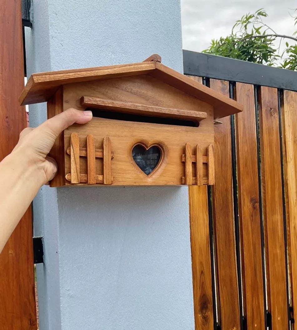 Handmade Teak Mailbox Wood Letter Box Rustic Holder Wall Hanging Decor ...