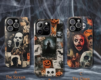 May include: Three phone cases with Halloween-themed designs. Case A features a collage of screaming faces and skulls, labeled "The Scream." Case B, "The Witch," displays a witch silhouette and pumpkins. Case C, "The Clown," showcases a scary clown face and skulls.
