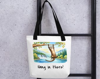 Bolsa de nutria / "¡Aguanta!" Regalo divertido para amantes de los animales / Bolsa de lona inspiradora de 15 x 15 / Arte natural encantador / Bolsa de compras reutilizable