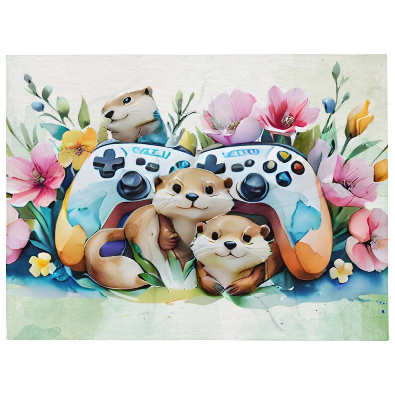 Cozy Otters & Gamer Controller Throw Blanket | Gaming Decor | 60"x80" or 50"x60"