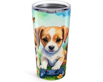 Tazza da viaggio con motivo a cucciolo di fiore acquerello e controller per videogiochi / Tazza da caffè / Regalo per giocatori, decorazione floreale, amanti degli animali / Bicchiere da 20 oz