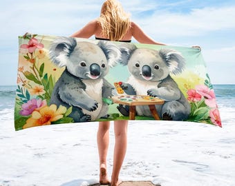 Cute Koala Beach Towel | Adorable Animal Art Towel | Colorful Floral Design