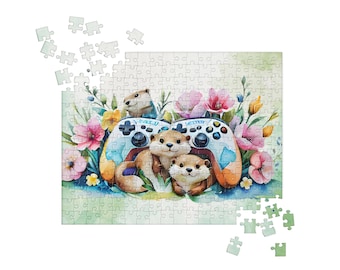 Cozy Otters Gaming Jigsaw Puzzle | 252 Piece Animal Puzzle | Floral Nature & Video Game Art