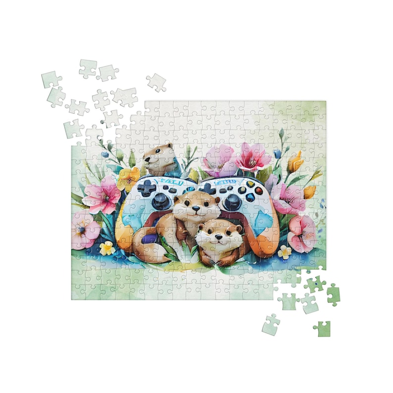 Cozy Otters Gaming Jigsaw Puzzle | 252 Piece Animal Puzzle | Floral Nature & Video Game Art