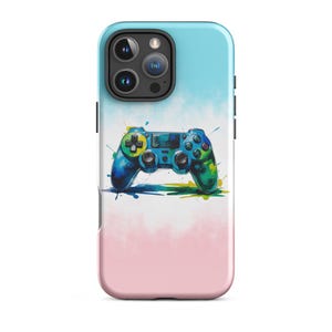 May include: A smartphone case with a watercolor design of a video game controller. The case has a gradient background of blue, white, and pink. The controller is blue, green, and yellow.