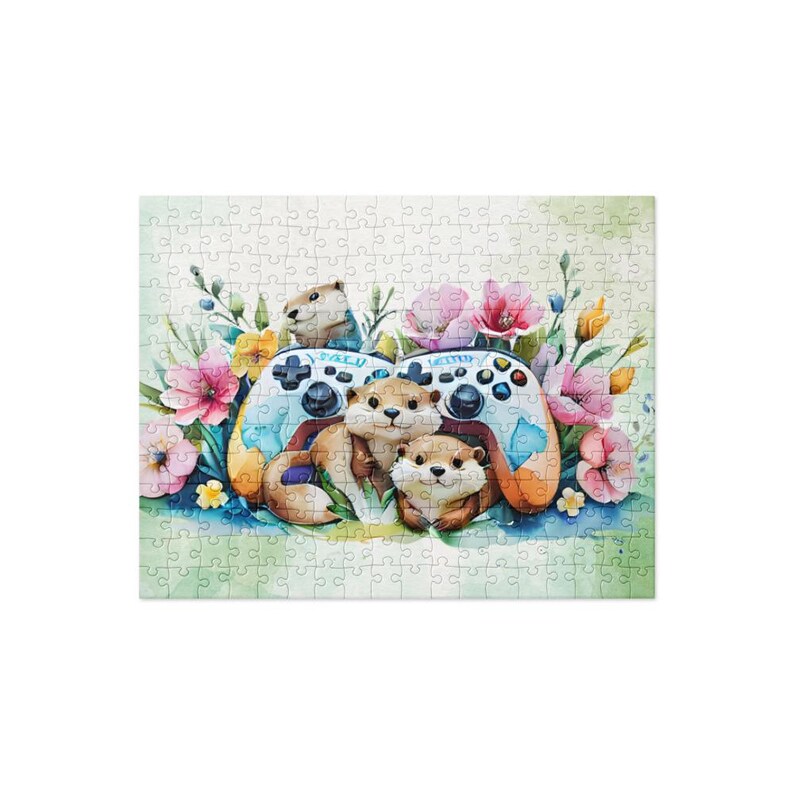 May include: A jigsaw puzzle featuring a watercolor illustration of otters and two video game controllers. The otters are brown and tan, surrounded by pink and yellow flowers. The controllers are light blue.