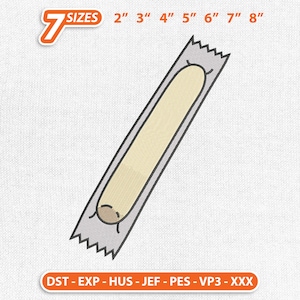 May include: An illustration of a light beige object with a rounded end, encased in a gray, jagged-edged wrapper. The image includes text indicating sizes from 2 to 8 inches. Additional text at the bottom lists file formats.