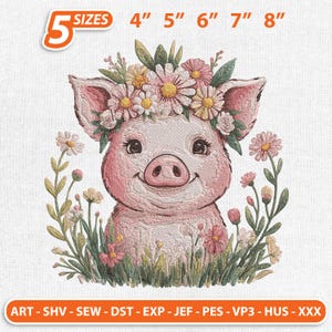 Floral Crown Pig Embroidery Design, Farm Animal Stitch Machine File, 5 Sizes, Instant Download