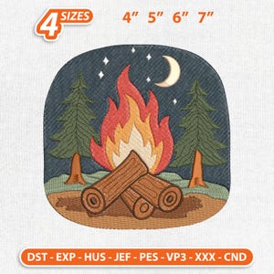 Moonlight Campfire Embroidery Design, Night Forest Stitch Machine Pattern, Outdoor Adventure Gift, Instant Download
