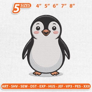 May include: A cartoon penguin design with a white belly, black wings and head, and a peach-colored beak and cheeks. The design is available in 5 sizes: 4", 5", 6", 7", and 8". The image also includes the text "5 SIZES".