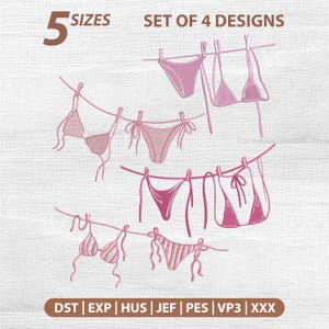 Roze badpakken op waslijn borduurontwerpen bundel, set van 4 string bikini borduurontwerp