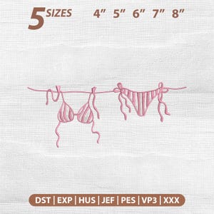 May include: Pink bikini embroidery design with striped details, hanging on a clothesline. The image includes text indicating five sizes available, ranging from 4 to 8 inches. The design is suitable for embroidery machines.