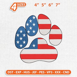 Könnte beinhalten: Gesticktes Pfotenabdruck-Design in Rot, Weiß und Blau, das die amerikanische Flagge darstellt. Das Design enthält Sterne und Streifen, mit Größen von 10 cm, 13 cm, 15 cm und 18 cm. Das Bild zeigt auch verschiedene Dateiformate.