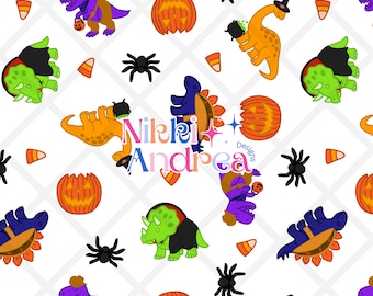 Halloween Dinosaur Seamless Pattern – Dino Trick or Treat (Digital Download)