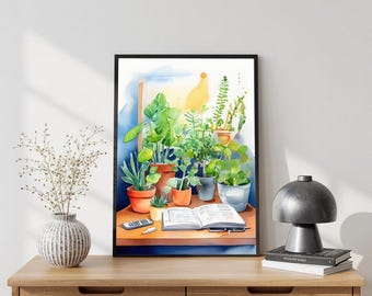Póster de arte mural de plantas verdes / Póster botánico de acuarela / Póster de decoración de plantas en maceta de interior / Póster de arte para una acogedora sala de estudio