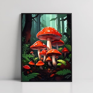 Red Mushroom Forest Wall Art Print, Whimsical Nature Poster, Fantasy Woodland Decor, Vibrant Botanical Illustration