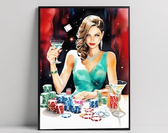 Casino Lady Wall Art Poster | Glamorous Woman Poker Poster | Vintage Gambling Artwork Poster | Martini Cocktail Painting Poster