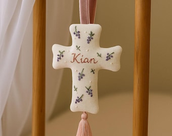 Grapes Embroidery Linen Cross, Custom Name Fabric Cross, Handmade Fabric Cross for Baby Crib, Newborn/Kids Room Decor, Baptism Gift
