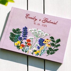 Wildflowers Wedding Guest Book, Personalized Boho Wedding Guestbook Ideas, Custom Hand Embroidered Linen Hardbound Scrapbook, Memory Book