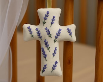 Personalized Lavender Embroidery Linen Cross, Flower Fabric Cross, Hand Crafted Cross for Baby Crib, Newborn/Kids Room Decor, Baptism Gift