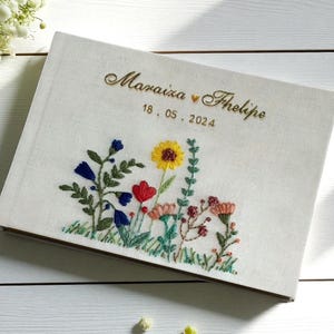 Personalized Flower Garden Wedding Guest Book, Boho Wedding Guestbook Ideas, Custom Hand Embroidered Linen Hardbound Scrapbook, Memory Book